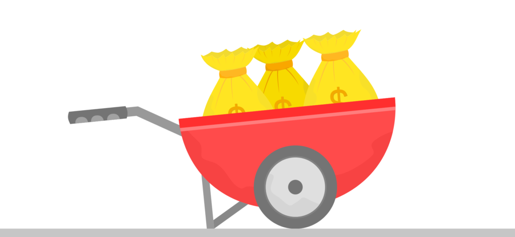 Image shows cart full of money bags